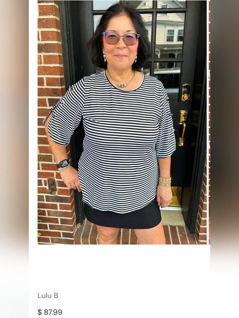 Lulu-B Navy & White Striped Scoop Neck Top Sleeve Ring Details Small Coastal